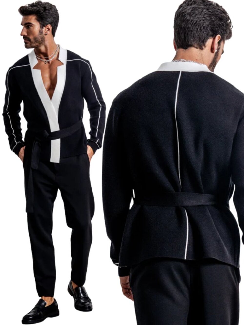 Orttu Star Neck Knitted Cardigan Sweater Men's M/L Black Wrap Belted Designer